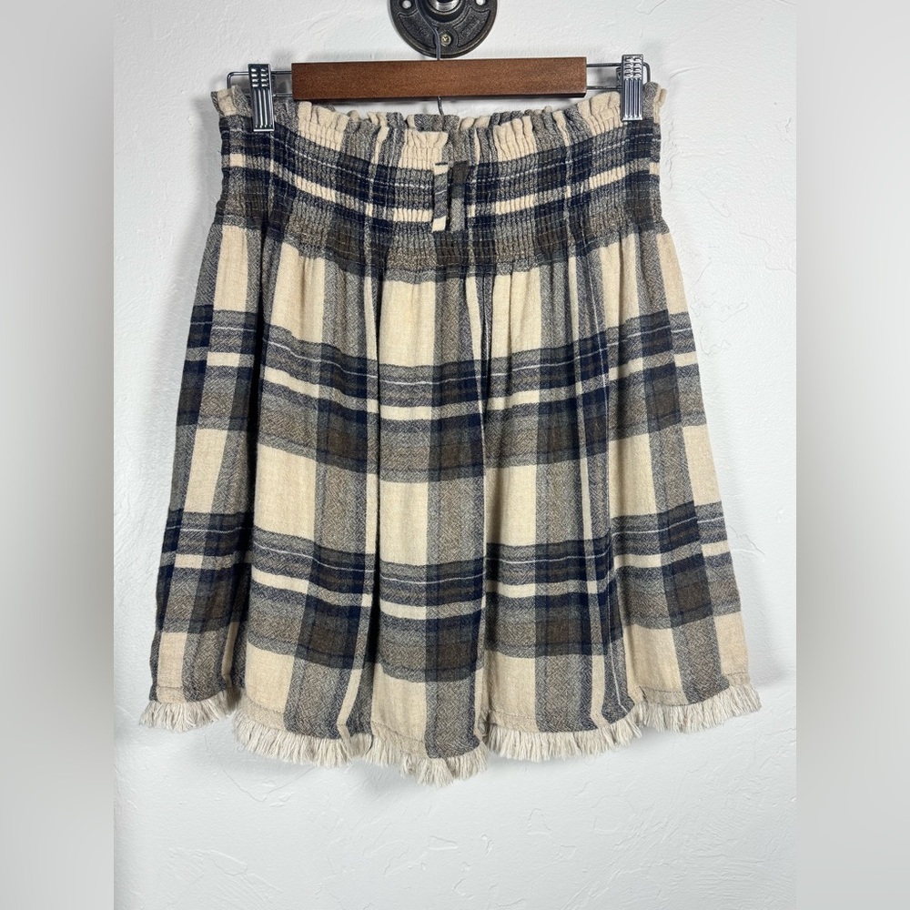 Zara  100% Cotton Shirred Waist Navy Cream Plaid A-Line Skirt Fray Hem Size‎ Med - Picture 4 of 6